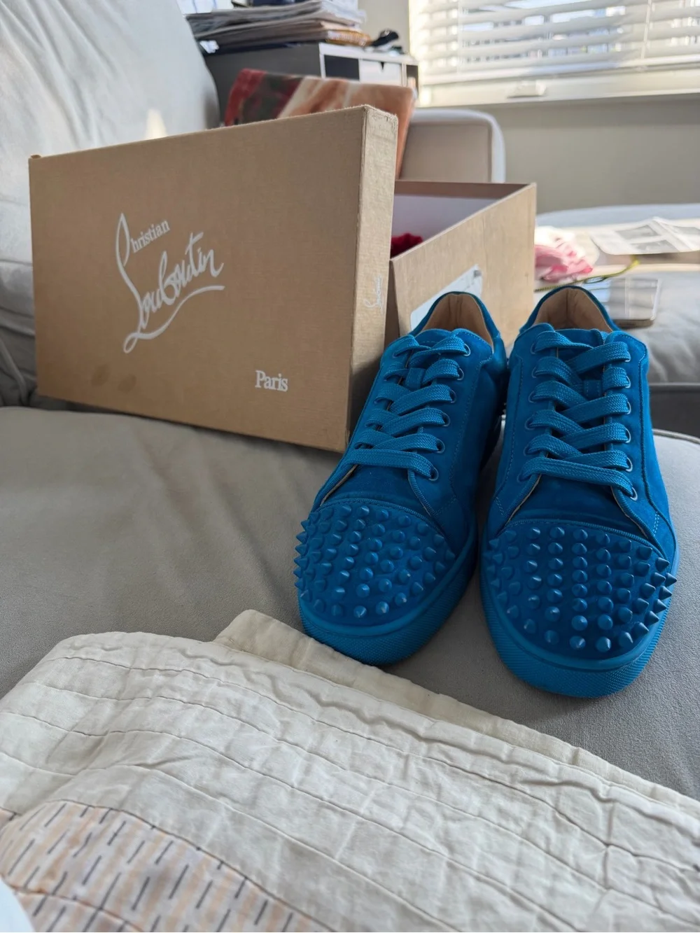 Christian Louboutin Blue Suede Spike-Toe Low-Top Sneakers